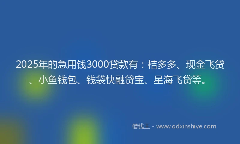 2025年的急用钱3000贷款有：桔多多、现金飞贷、小鱼钱包、钱袋快融贷宝、星海飞贷等。