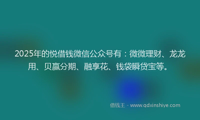 2025年的悦借钱微信公众号有：微微理财、龙龙用、贝赢分期、融享花、钱袋瞬贷宝等。