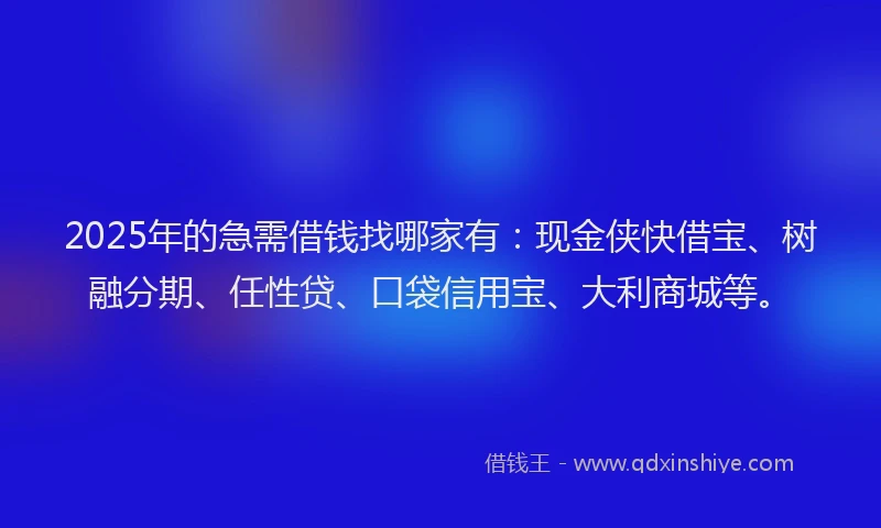 2025年的急需借钱找哪家有：现金侠快借宝、树融分期、任性贷、口袋信用宝、大利商城等。