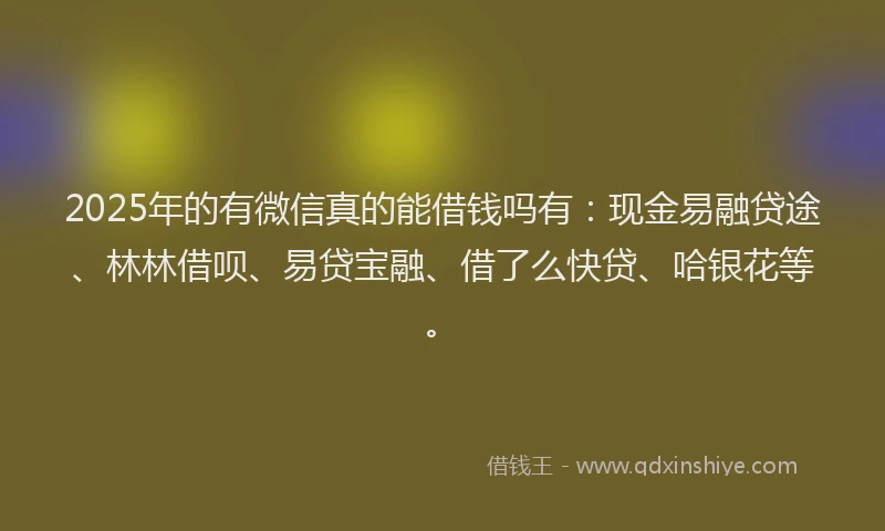 2025年的有微信真的能借钱吗有：现金易融贷途、林林借呗、易贷宝融、借了么快贷、哈银花等。