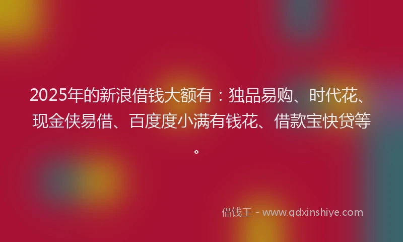 2025年的新浪借钱大额有：独品易购、时代花、现金侠易借、百度度小满有钱花、借款宝快贷等。