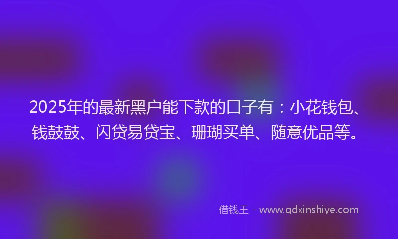 2025年的最新黑户能下款的口子有：小花钱包、钱鼓鼓、闪贷易贷宝、珊瑚买单、随意优品等。