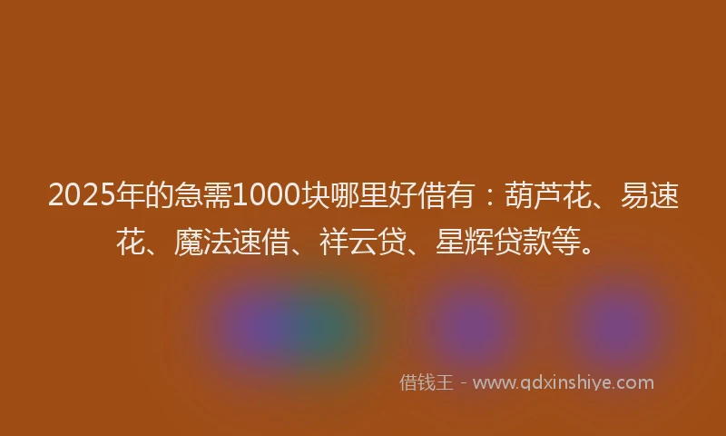 2025年的急需1000块哪里好借有：葫芦花、易速花、魔法速借、祥云贷、星辉贷款等。