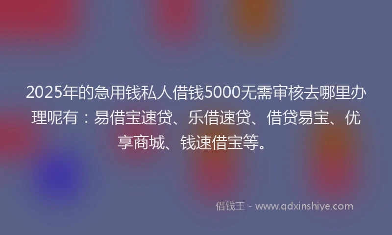 2025年的急用钱私人借钱5000无需审核去哪里办理呢有：易借宝速贷、乐借速贷、借贷易宝、优享商城、钱速借宝等。