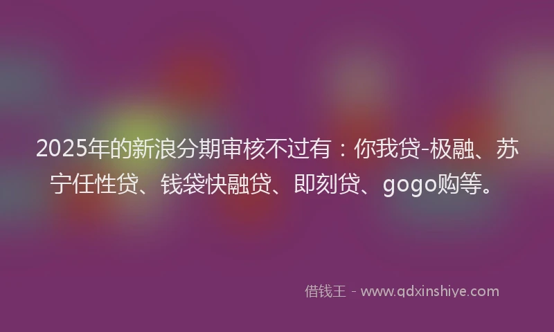 2025年的新浪分期审核不过有：你我贷-极融、苏宁任性贷、钱袋快融贷、即刻贷、gogo购等。