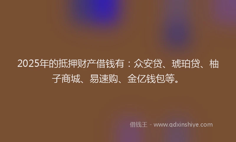 2025年的抵押财产借钱有：众安贷、琥珀贷、柚子商城、易速购、金亿钱包等。