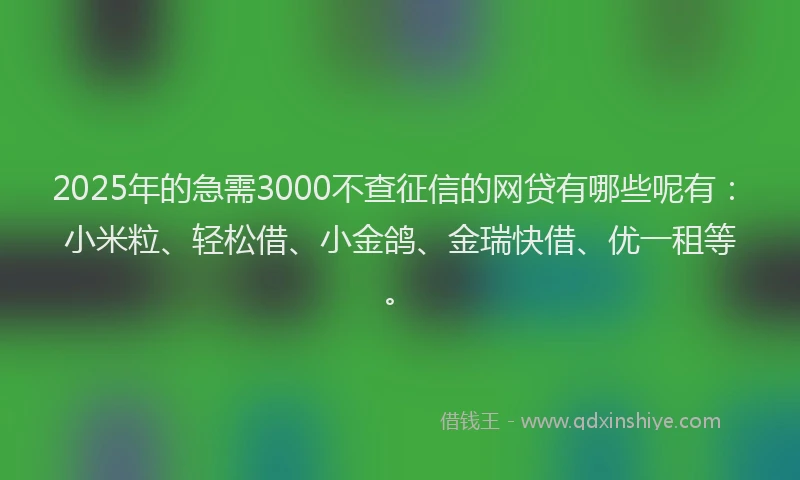 2025年的急需3000不查征信的网贷有哪些呢有：小米粒、轻松借、小金鸽、金瑞快借、优一租等。