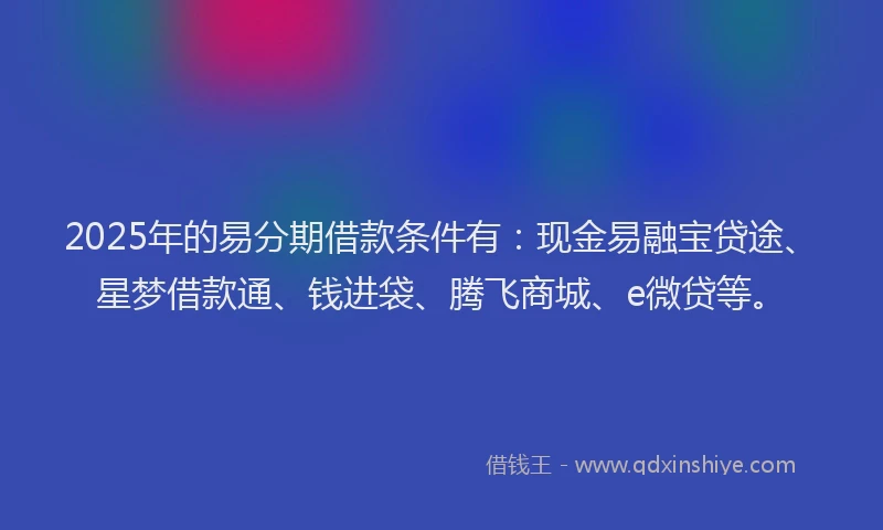 2025年的易分期借款条件有：现金易融宝贷途、星梦借款通、钱进袋、腾飞商城、e微贷等。