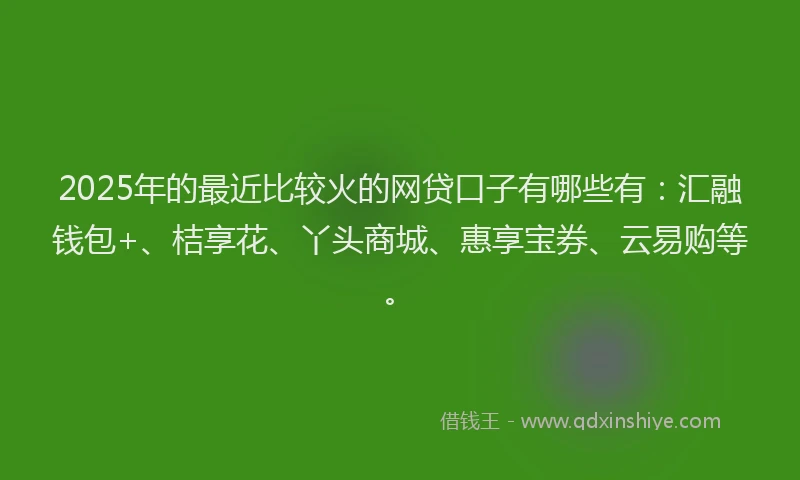2025年的最近比较火的网贷口子有哪些有：汇融钱包+、桔享花、丫头商城、惠享宝券、云易购等。