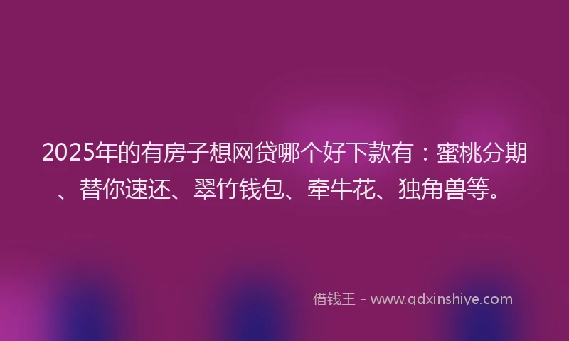 2025年的有房子想网贷哪个好下款有：蜜桃分期、替你速还、翠竹钱包、牵牛花、独角兽等。