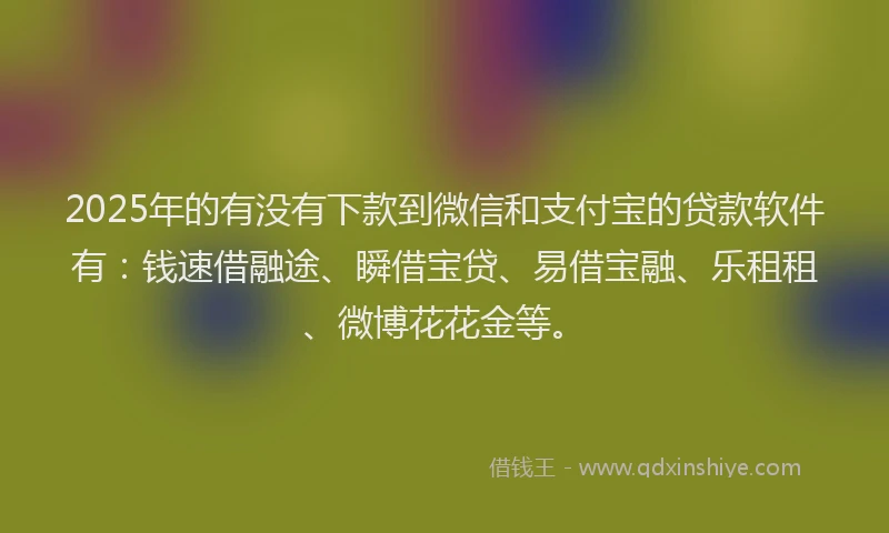 2025年的有没有下款到微信和支付宝的贷款软件有：钱速借融途、瞬借宝贷、易借宝融、乐租租、微博花花金等。