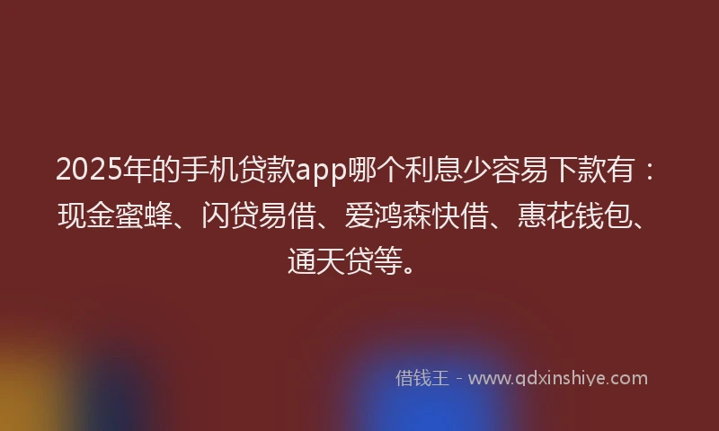 2025年的手机贷款app哪个利息少容易下款有：现金蜜蜂、闪贷易借、爱鸿森快借、惠花钱包、通天贷等。
