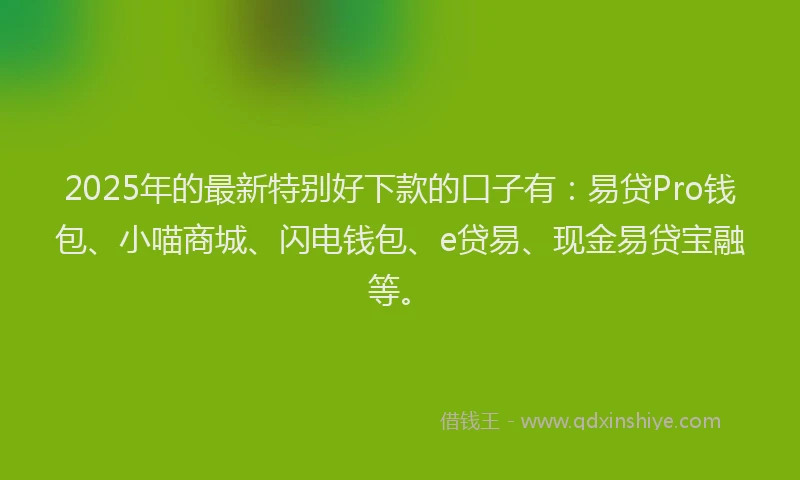 2025年的最新特别好下款的口子有：易贷Pro钱包、小喵商城、闪电钱包、e贷易、现金易贷宝融等。