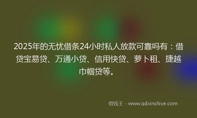 2025年的无忧借条24小时私人放款可靠吗有：借贷宝易贷、万通小贷、信用快贷、萝卜租、捷越巾帼贷等。