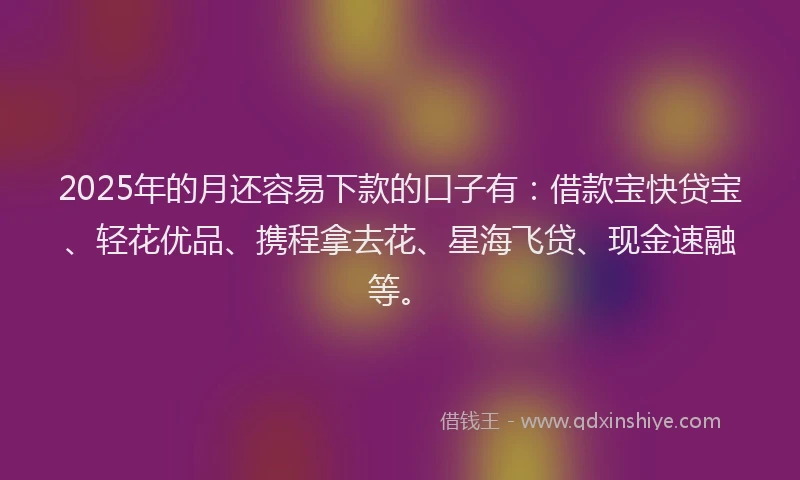 2025年的月还容易下款的口子有：借款宝快贷宝、轻花优品、携程拿去花、星海飞贷、现金速融等。