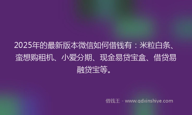 2025年的最新版本微信如何借钱有：米粒白条、蛮想购租机、小爱分期、现金易贷宝盒、借贷易融贷宝等。