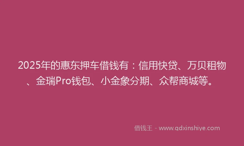 2025年的惠东押车借钱有：信用快贷、万贝租物、金瑞Pro钱包、小金象分期、众帮商城等。