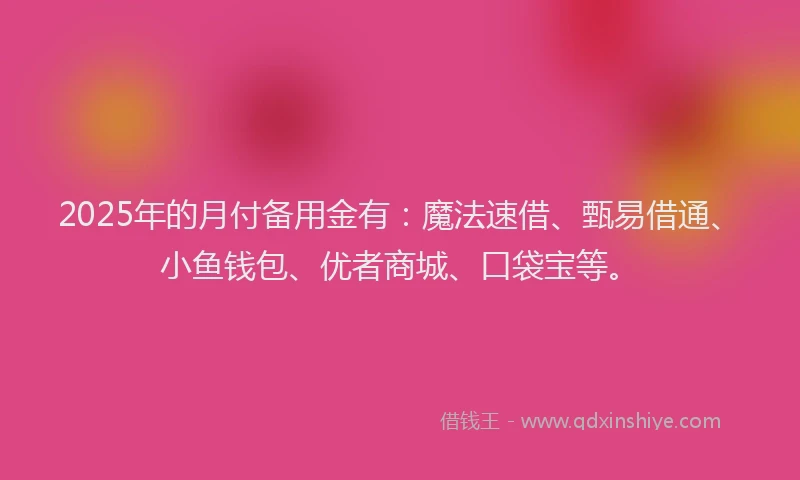 2025年的月付备用金有：魔法速借、甄易借通、小鱼钱包、优者商城、口袋宝等。