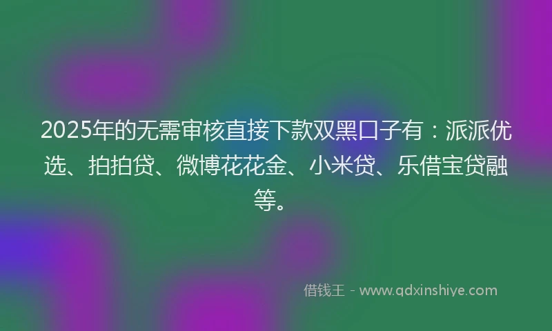 2025年的无需审核直接下款双黑口子有：派派优选、拍拍贷、微博花花金、小米贷、乐借宝贷融等。
