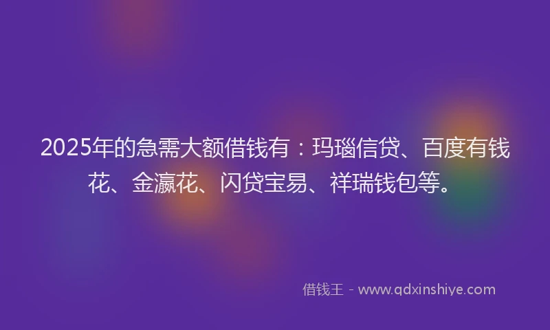 2025年的急需大额借钱有：玛瑙信贷、百度有钱花、金瀛花、闪贷宝易、祥瑞钱包等。