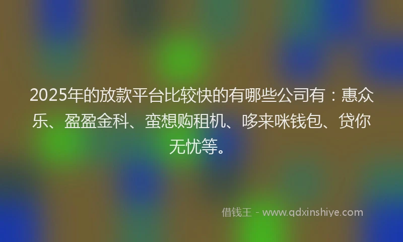 2025年的放款平台比较快的有哪些公司有：惠众乐、盈盈金科、蛮想购租机、哆来咪钱包、贷你无忧等。