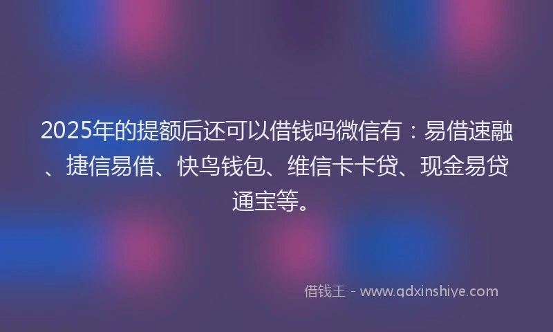 2025年的提额后还可以借钱吗微信有：易借速融、捷信易借、快鸟钱包、维信卡卡贷、现金易贷通宝等。