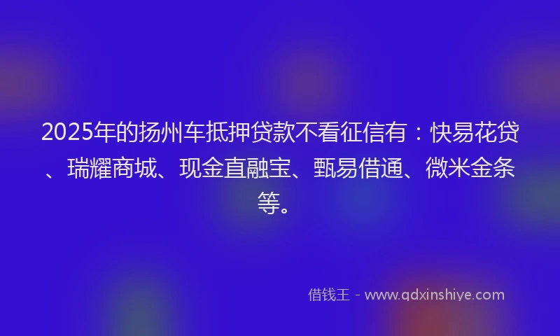 2025年的扬州车抵押贷款不看征信有：快易花贷、瑞耀商城、现金直融宝、甄易借通、微米金条等。