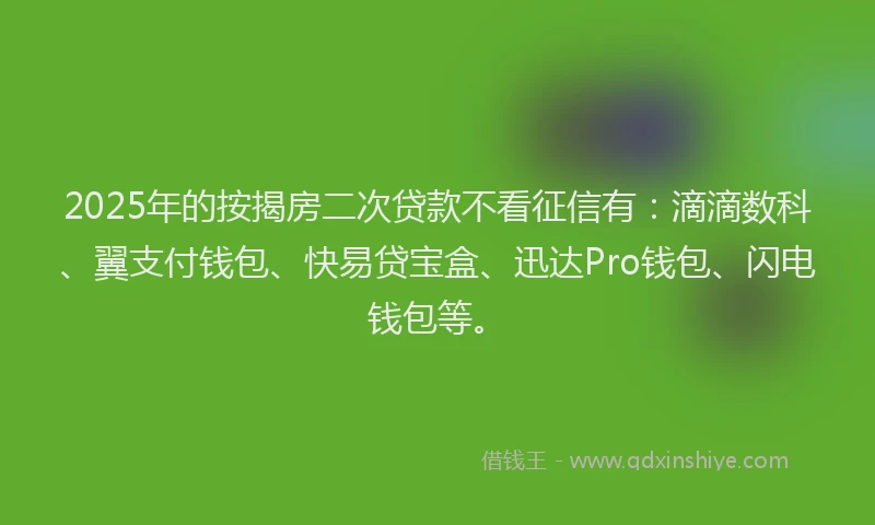 2025年的按揭房二次贷款不看征信有：滴滴数科、翼支付钱包、快易贷宝盒、迅达Pro钱包、闪电钱包等。