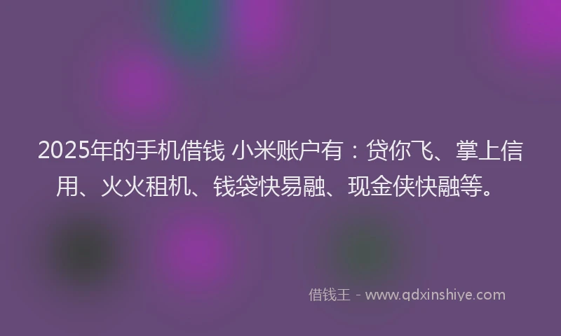 2025年的手机借钱 小米账户有：贷你飞、掌上信用、火火租机、钱袋快易融、现金侠快融等。