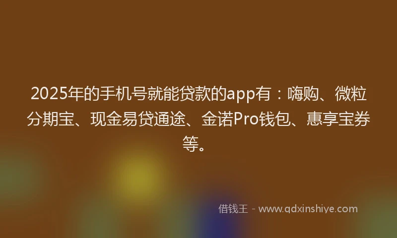 2025年的手机号就能贷款的app有：嗨购、微粒分期宝、现金易贷通途、金诺Pro钱包、惠享宝券等。
