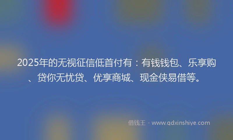 2025年的无视征信低首付有：有钱钱包、乐享购、贷你无忧贷、优享商城、现金侠易借等。