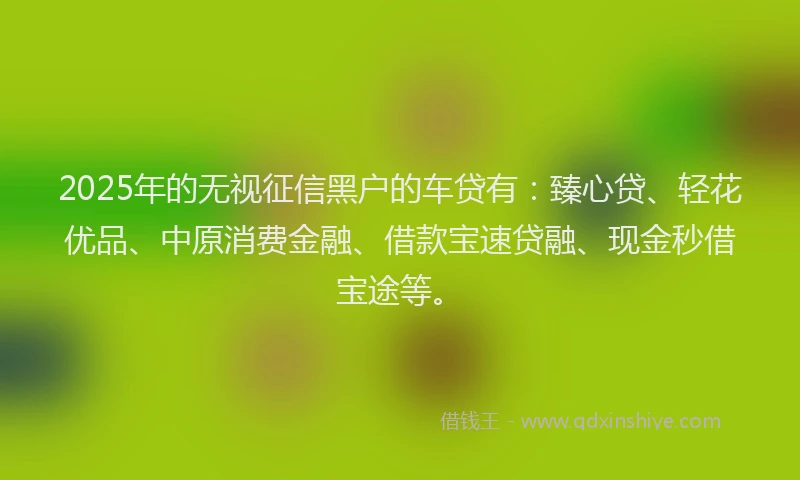 2025年的无视征信黑户的车贷有：臻心贷、轻花优品、中原消费金融、借款宝速贷融、现金秒借宝途等。