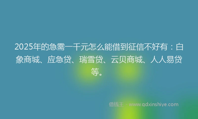 2025年的急需一千元怎么能借到征信不好有：白象商城、应急贷、瑞雪贷、云贝商城、人人易贷等。