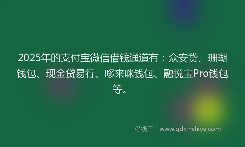 2025年的支付宝微信借钱通道有：众安贷、珊瑚钱包、现金贷易行、哆来咪钱包、融悦宝Pro钱包等。