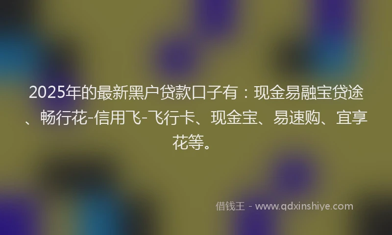 2025年的最新黑户贷款口子有：现金易融宝贷途、畅行花-信用飞-飞行卡、现金宝、易速购、宜享花等。