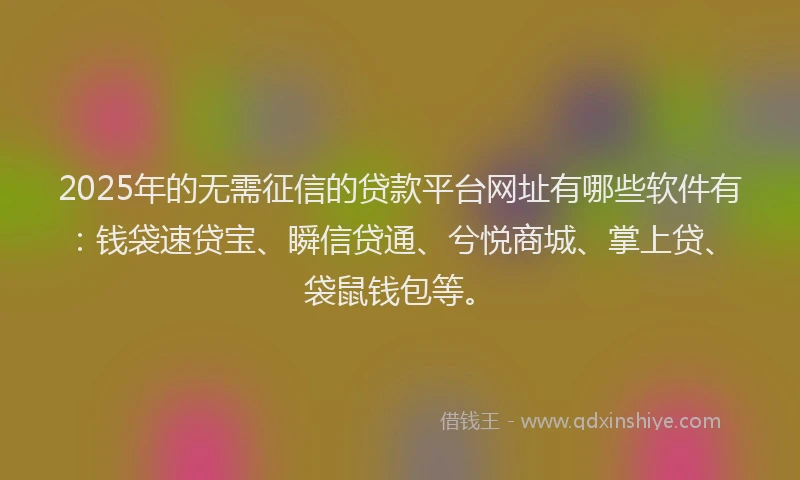 2025年的无需征信的贷款平台网址有哪些软件有：钱袋速贷宝、瞬信贷通、兮悦商城、掌上贷、袋鼠钱包等。