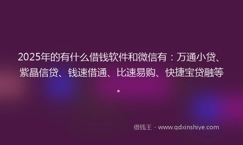 2025年的有什么借钱软件和微信有：万通小贷、紫晶信贷、钱速借通、比速易购、快捷宝贷融等。