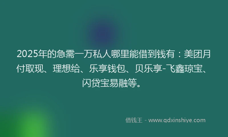 2025年的急需一万私人哪里能借到钱有：美团月付取现、理想给、乐享钱包、贝乐享-飞鑫琼宝、闪贷宝易融等。