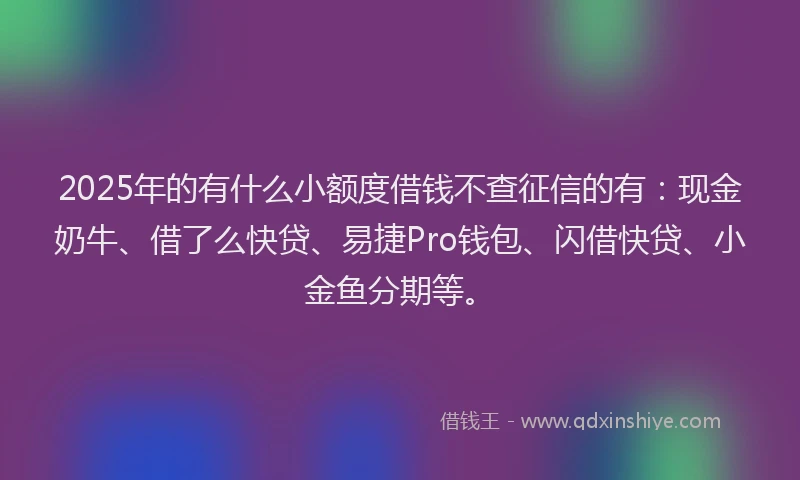 2025年的有什么小额度借钱不查征信的有：现金奶牛、借了么快贷、易捷Pro钱包、闪借快贷、小金鱼分期等。