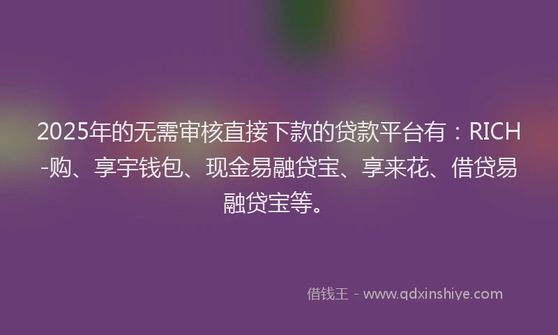 2025年的无需审核直接下款的贷款平台有：RICH-购、享宇钱包、现金易融贷宝、享来花、借贷易融贷宝等。