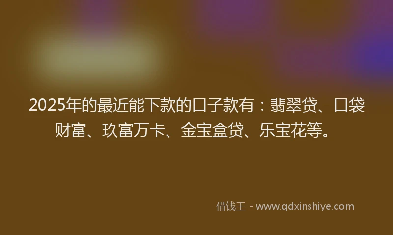 2025年的最近能下款的口子款有：翡翠贷、口袋财富、玖富万卡、金宝盒贷、乐宝花等。
