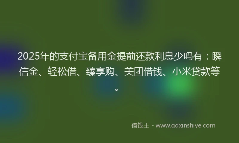 2025年的支付宝备用金提前还款利息少吗有：瞬信金、轻松借、臻享购、美团借钱、小米贷款等。