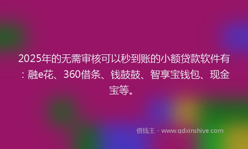 2025年的无需审核可以秒到账的小额贷款软件有：融e花、360借条、钱鼓鼓、智享宝钱包、现金宝等。
