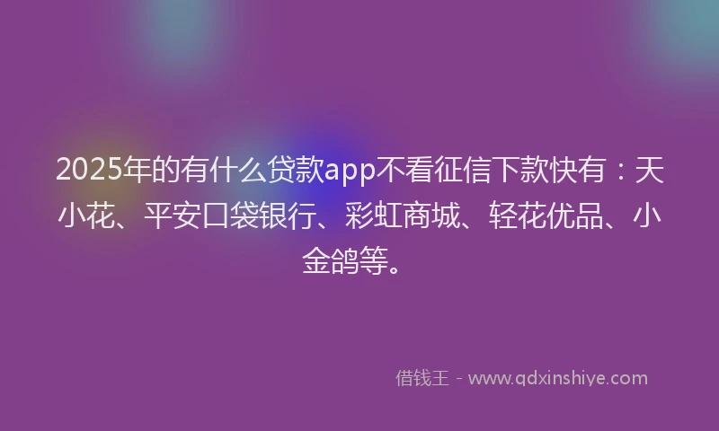2025年的有什么贷款app不看征信下款快有：天小花、平安口袋银行、彩虹商城、轻花优品、小金鸽等。