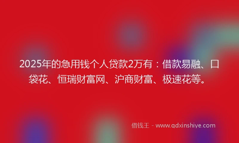 2025年的急用钱个人贷款2万有：借款易融、口袋花、恒瑞财富网、沪商财富、极速花等。