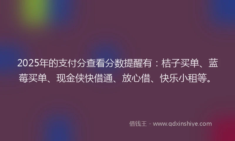 2025年的支付分查看分数提醒有：桔子买单、蓝莓买单、现金侠快借通、放心借、快乐小租等。