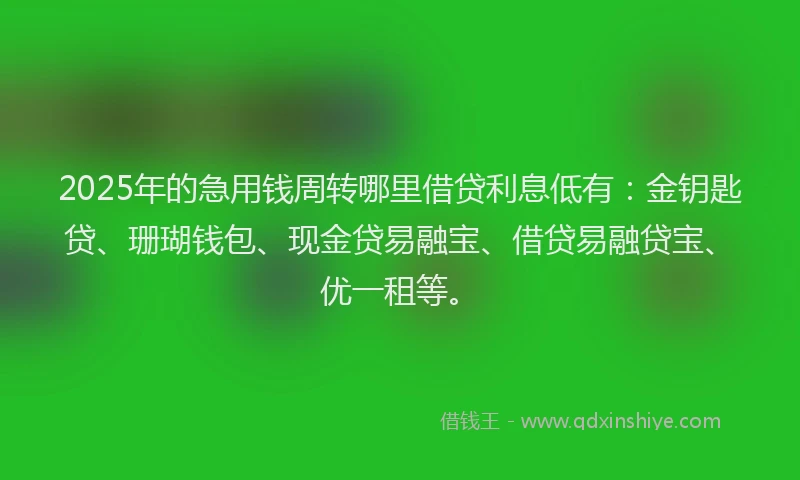 2025年的急用钱周转哪里借贷利息低有：金钥匙贷、珊瑚钱包、现金贷易融宝、借贷易融贷宝、优一租等。