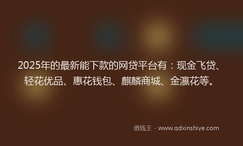 2025年的最新能下款的网贷平台有：现金飞贷、轻花优品、惠花钱包、麒麟商城、金瀛花等。