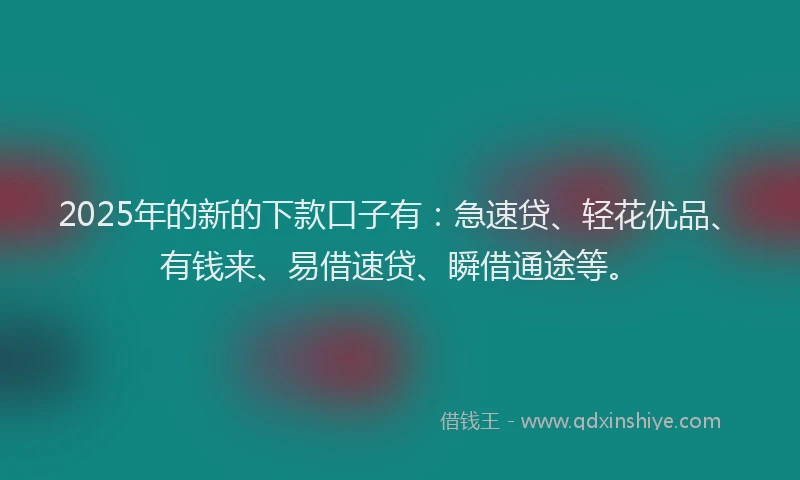 2025年的新的下款口子有：急速贷、轻花优品、有钱来、易借速贷、瞬借通途等。