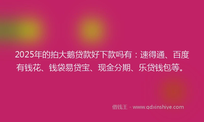 2025年的拍大鹅贷款好下款吗有：速得通、百度有钱花、钱袋易贷宝、现金分期、乐贷钱包等。
